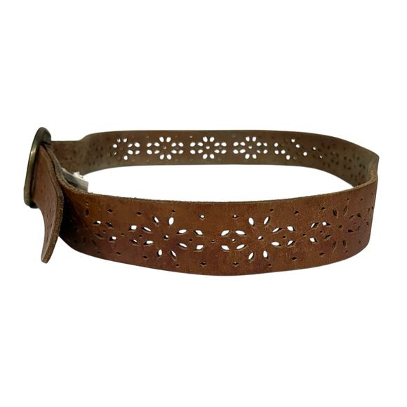 Lucky Brand Womens Leather Belt Sz Medium Brown Laser Cut Boho Brass Buckle - Picture 6 of 12